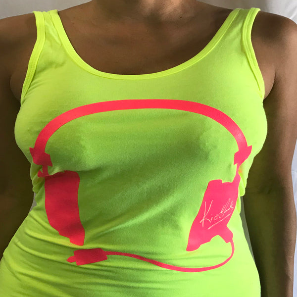 Neon Yellow  Tank Top with Pink Headphone